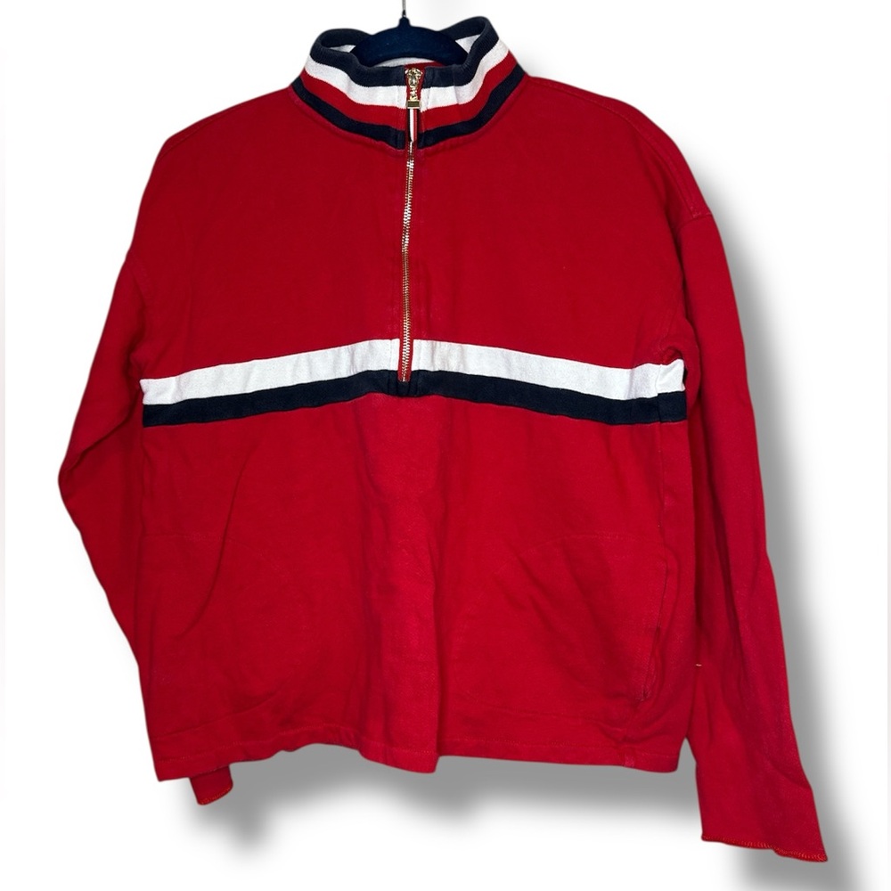 Tommy Hilfiger Red White Half Zip Up Striped Sweater Preppy TH Fall Winter